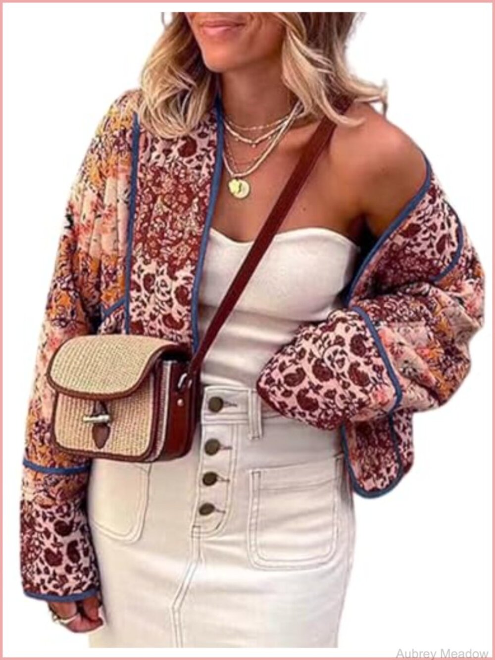 Omoone Reversible Floral Quilted Jacket Crop Open Front Puffer Coat